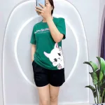 Đồ bộ quần đùi áo tay ngắn in hình mèo trắng bên hông eo