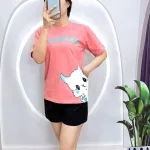 Đồ bộ quần đùi áo tay ngắn in mèo trắng bên hông