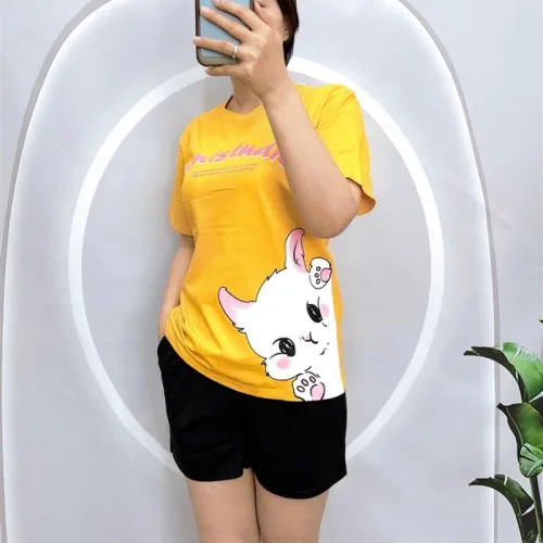 Đồ bộ quần đùi áo tay ngắn in mèo trắng bên hông