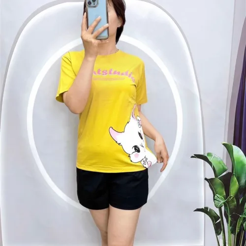 Đồ bộ quần đùi áo tay ngắn in mèo trắng bên hông