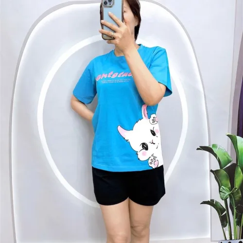 Đồ bộ quần đùi áo tay ngắn in mèo trắng bên hông