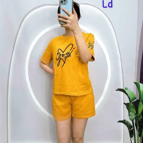 Đồ bộ quần đùi áo tay ngắn in trái tim chữ