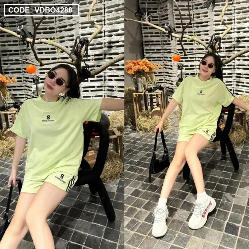 Đồ bộ quần đùi áo tay ngắn phối 2 sọc viền in chữ s