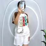 Đồ bộ quần đùi áo tay ngắn phối 2 sọc viền in chữ hey