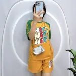 Đồ bộ quần đùi áo tay ngắn phối 2 sọc viền in chữ hey
