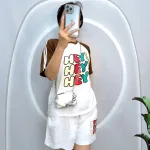 Đồ bộ quần đùi áo tay ngắn phối 2 sọc viền in chữ hey