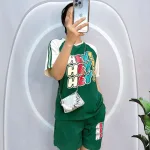 Đồ bộ quần đùi áo tay ngắn phối 2 sọc viền in chữ hey