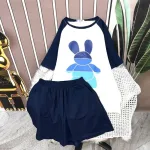 Đồ bộ quần đùi áo tay ngắn phối màu cổ tròn in hình