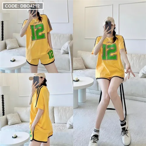 Đồ bộ quần đùi áo tay ngắn phối viền in số 12