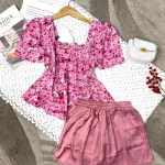 Đồ bộ quần đùi áo tay ngắn phồng cổ vuông họa tiết