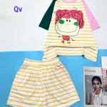 đồ bộ quần đùi áo tay ngắn sọc ngang in hình bé mặt to
