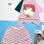 đồ bộ quần đùi áo tay ngắn sọc ngang in hình bé mặt to