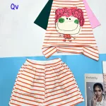 đồ bộ quần đùi áo tay ngắn sọc ngang in hình bé mặt to