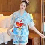 Đồ bộ quần đùi áo tay ngắn thắt dây nơ cổ bẻ hoạ tiết