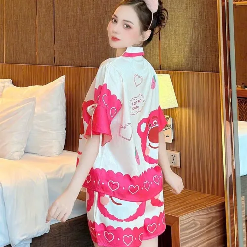 Đồ bộ quần đùi áo tay ngắn thắt dây nơ cổ bẻ hoạ tiết