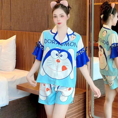 Đồ bộ quần đùi áo tay ngắn thắt dây nơ cổ bẻ hoạ tiết