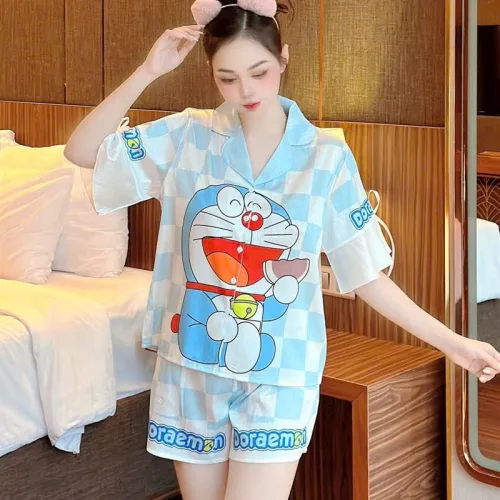Đồ bộ quần đùi áo tay ngắn thắt dây nơ cổ bẻ hoạ tiết