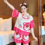 Đồ bộ quần đùi áo tay ngắn thắt dây nơ cổ bẻ hoạ tiết