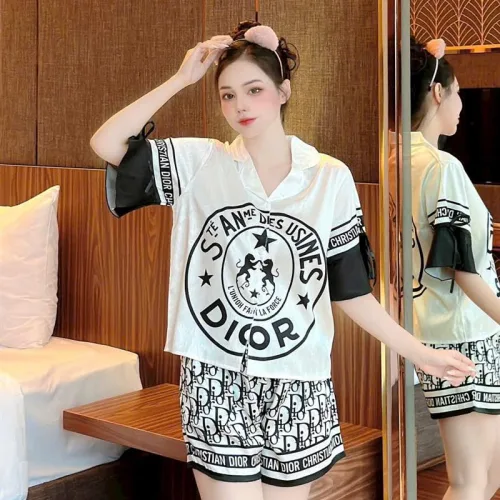 Đồ bộ quần đùi áo tay ngắn thắt dây nơ cổ bẻ hoạ tiết
