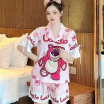 Đồ bộ quần đùi áo tay ngắn thắt dây nơ cổ bẻ hoạ tiết