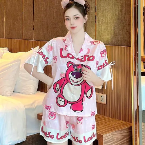 Đồ bộ quần đùi áo tay ngắn thắt dây nơ cổ bẻ hoạ tiết