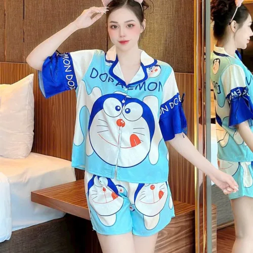 Đồ bộ quần đùi áo tay ngắn thắt dây nơ cổ bẻ hoạ tiết