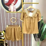 Đồ bộ quần đùi áo tay ngắn viền bèo cổ v màu trơn