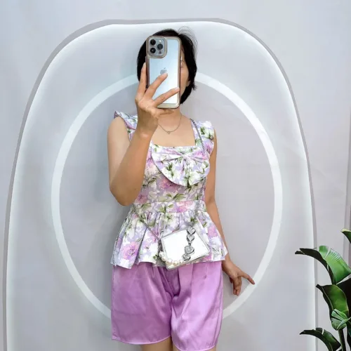 Đồ bộ quần đùi áo xòe dây bèo họa tiết
