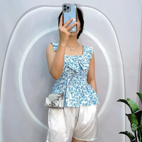 Đồ bộ quần đùi áo xòe dây bèo họa tiết