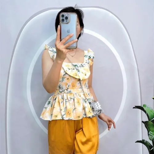 Đồ bộ quần đùi áo xòe dây bèo họa tiết