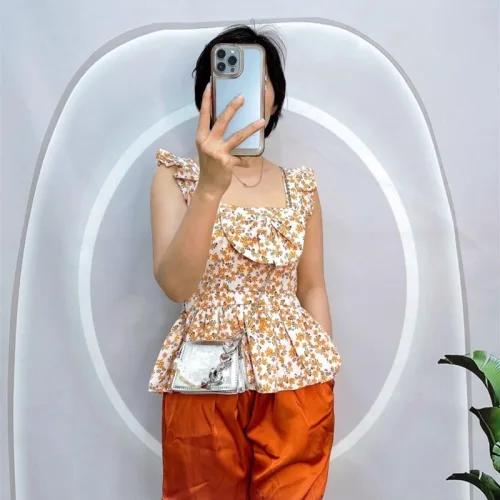 Đồ bộ quần đùi áo xòe dây bèo họa tiết