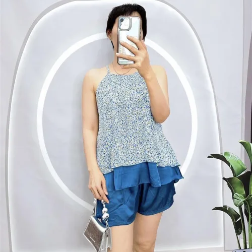 Đồ bộ quần đùi áo yếm dây 1 tầng hoạ tiết