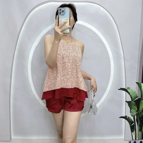 Đồ bộ quần đùi áo yếm dây 1 tầng hoạ tiết