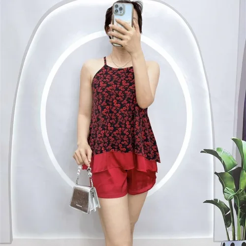 Đồ bộ quần đùi áo yếm dây 1 tầng hoạ tiết