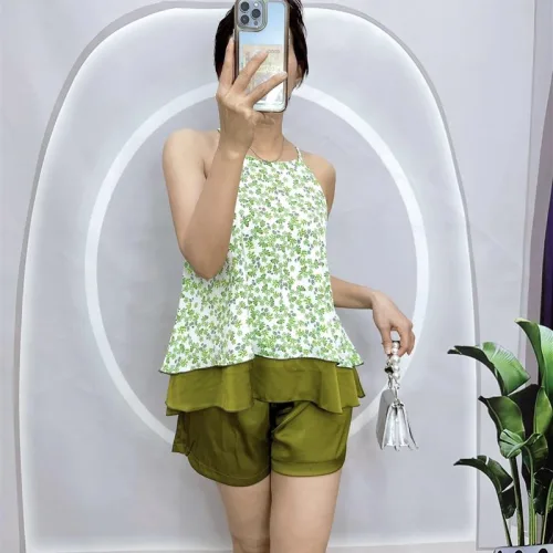 Đồ bộ quần đùi áo yếm dây 1 tầng hoạ tiết
