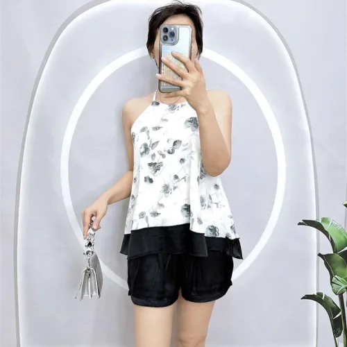 Đồ bộ quần đùi áo yếm dây 1 tầng hoạ tiết