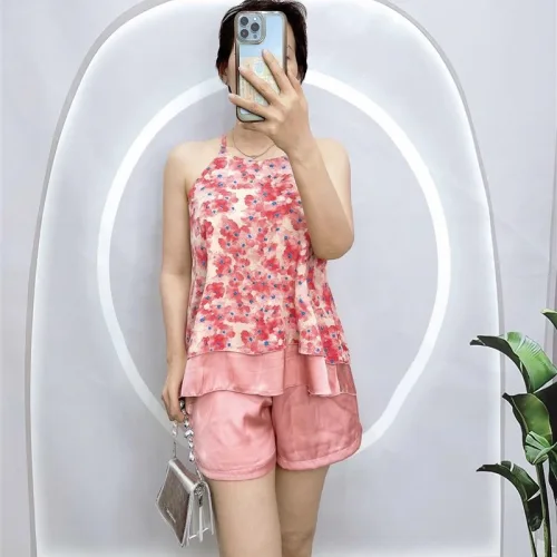Đồ bộ quần đùi áo yếm dây 1 tầng hoạ tiết