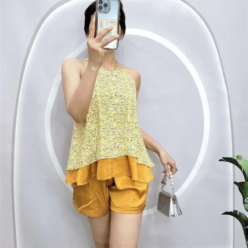 Đồ bộ quần đùi áo yếm dây 1 tầng hoạ tiết