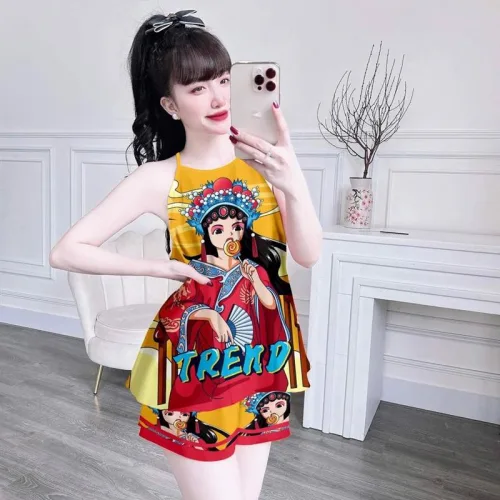 Đồ bộ quần đùi áo yếm dây in hình mặc nhà