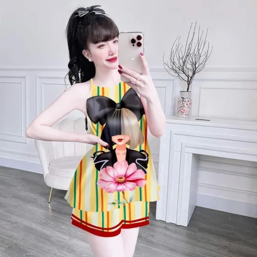 Đồ bộ quần đùi áo yếm dây in hình mặc nhà