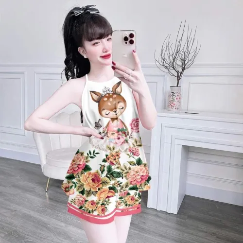 Đồ bộ quần đùi áo yếm dây in hình mặc nhà