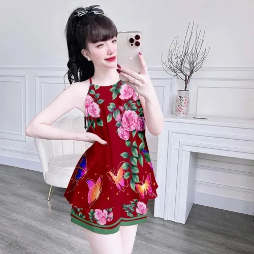 Đồ bộ quần đùi áo yếm dây in hình mặc nhà