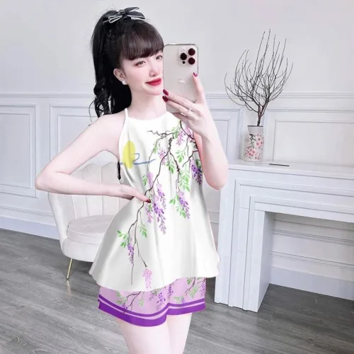 Đồ bộ quần đùi áo yếm dây in hình mặc nhà