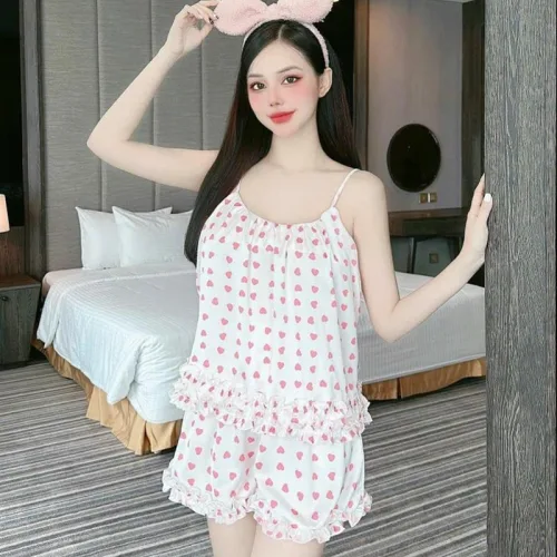 Đồ bộ quần đùi bèo áo dây hoạ tiết mặc nhà