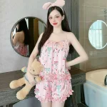 Đồ bộ quần đùi bèo áo dây hoạ tiết mặc nhà