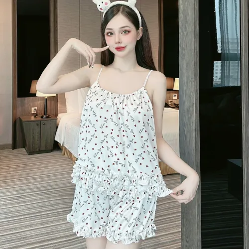 Đồ bộ quần đùi bèo áo dây hoạ tiết mặc nhà