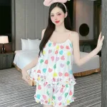 Đồ bộ quần đùi bèo áo dây hoạ tiết mặc nhà