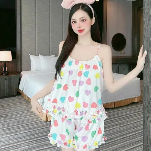 Đồ bộ quần đùi bèo áo dây hoạ tiết mặc nhà