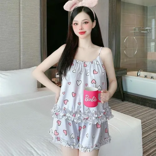Đồ bộ quần đùi bèo áo dây hoạ tiết mặc nhà