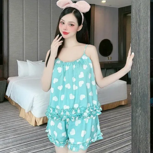 Đồ bộ quần đùi bèo áo dây hoạ tiết mặc nhà